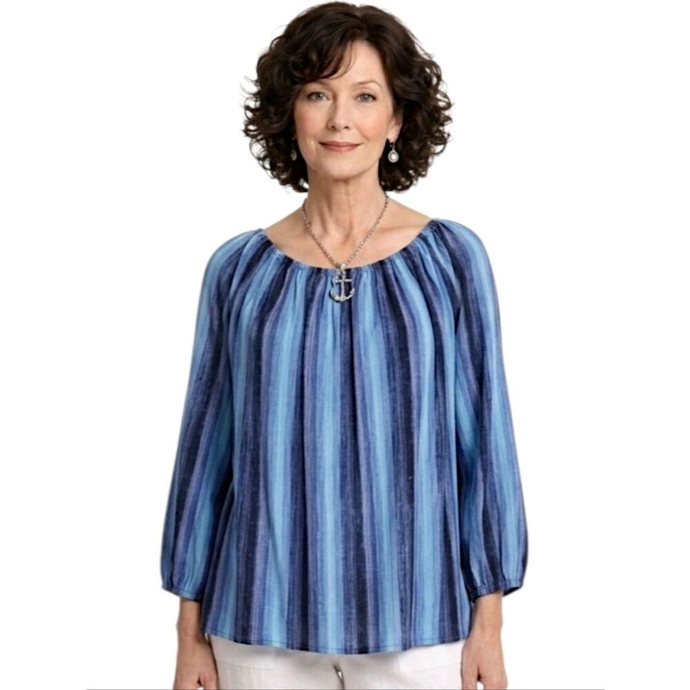Christopher & Banks Blue Textured "Wear It Two Ways" Peasant Blouse Size L